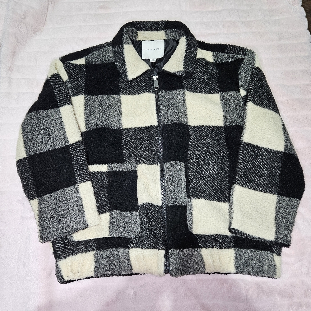 American Eagle Black & Cream PlaidBomber Fuzzy Sherpa Jacket